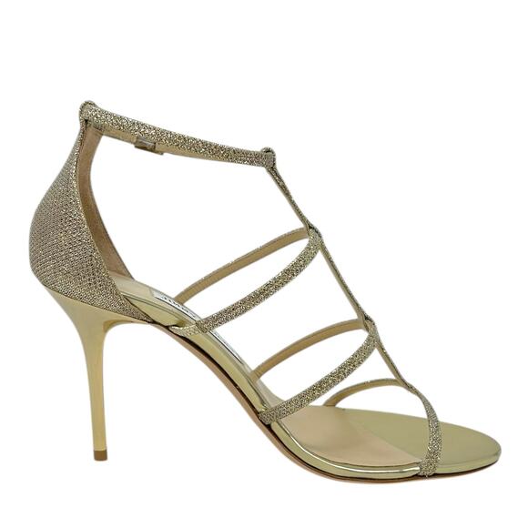 Jimmy Choo Dory Glitter Heel Open Toe Ankle Strap Sandal Gold 38 - Picture 1 of 8
